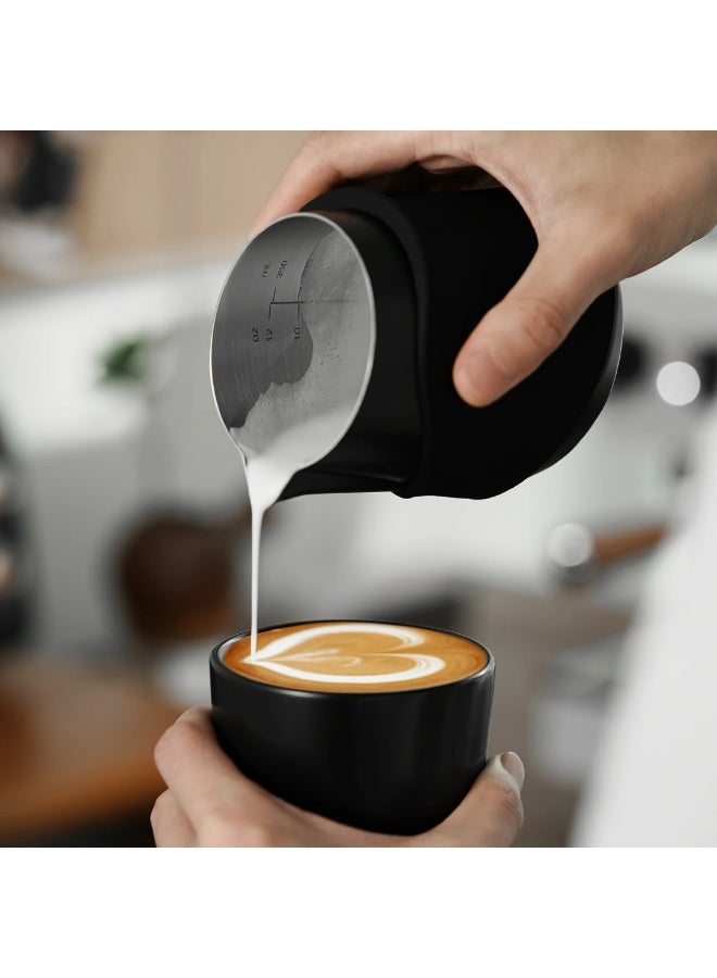 MHW-3BOMBER GT Milk Pitcher Handle less, Black – 400 ml Stainless Steel Latte Art Pitcher with Silicone Sleeve Grip, U-Shaped Spout, Dual Scale Markings and Ergonomic Design for Latte Art - Image 4